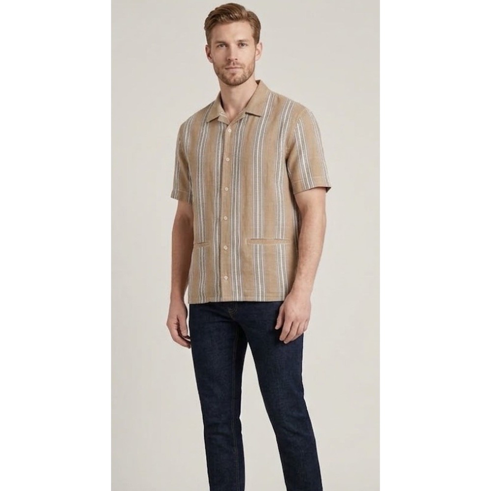KOTN Mens Large Striped Camp Shirt Short Sleeve Button Up Tan Brown 100% Cotton